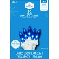 Holiday Time 50-Count plava LED Mini Božić svjetla, sa bijelom žicom, noge