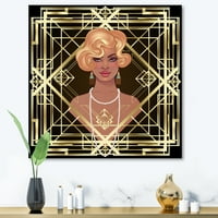 Designart 'Retro Girl In Golden Art Deco Geometrics III' modern Canvas Wall Art Print