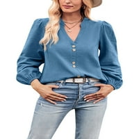 Colisha Dame vrhovi košulje u boji V izrez Bluza Ležerne poslovne dugih rukava Tunička majica Plava M