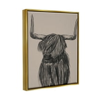Stupell Industries Longhorn Highland Cattle Charcoal Line Drawing Portrait Drawing Print metalik zlato