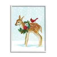 Stupell Industries snowy Deer Holiday Kardinal grafička Umjetnost bijeli uokvireni umjetnički Print zidna