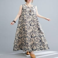Vintage cvjetna Maxi haljina bez rukava-pamučna posteljina, Casual Loose Fit, elegantna duga ljetna haljina