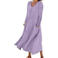 FIMKAUL ženske haljine casual dugi rukav O-izrez zimski jesen plus veličina Čvrsta džepa Dugoročna pamučna