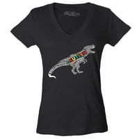 Shop4Ever ženska svijest o autizmu Dinosaur Word Cloud Slim Fit V-izrez T-Shirt srednje Crna