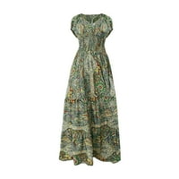 Ženska kratka rukava duga haljina ljeto labava Casual V vrat elastična visoka struka Swing haljina boemski