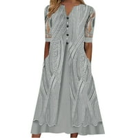 Lisingtool haljine za žene ženske mode Print V vrat mrežaste kratke rukave spoj labave haljine dugme džep