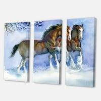 Konji Koji Rade Zimi Na Plavom Slikarskom Platnu Art Print