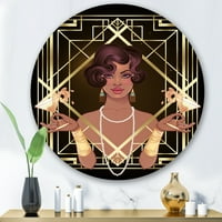 Designart 'Retro Girl In Golden Art Deco Geometrics I' Modern Circle Metal Wall Art-disk of 29