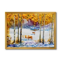 Designart' Cattles In The Early Snow In The Tree Forest ' Farmhouse Framed Art Print