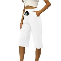 Tawop Capri pantalone za žene Bijele hlače Žene Žene Modni džepovi za izvlačenje Elastični struk Solid