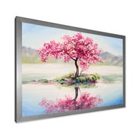 Designart 'Oriental Cherry Pink Tree Sakura Na Jezeru' Lake House Framed Art Print