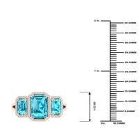 Carski dragi kamen 10k ružičasto zlato smaragdno izrezan Švicarski plavi Topaz CT TW dijamant tri kamena