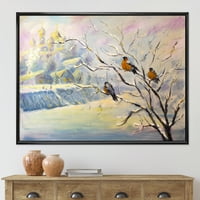 Designart 'Rustikalne Ptice Sjede Na Drvetu U Zimskom Selu' Seoska Kuća Uokvirena Platnenim Zidom Art