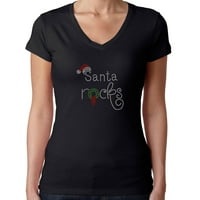 Ženska T-Shirt Vještački Dijamant Bling Crni Tee Božić Santa Claus Kamenje Posada Vrat Mali
