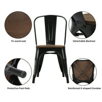 Alden dizajn metalne stolice za blagovanje slaganje sa drvenim sjedištem, Set od 4, Crna