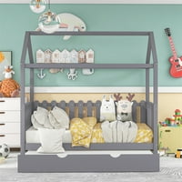 Aukfa dnevni krevet sa drvenom kućicom dvostruki okvir za krevet sa ogradom u obliku ograde za djecu mala spavaća soba-siva